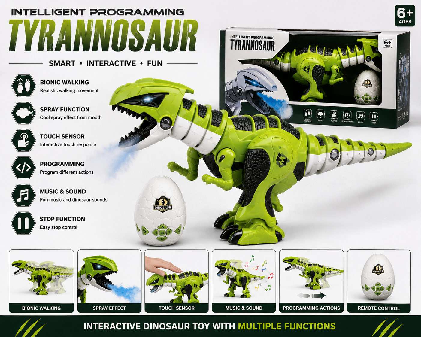 remote Control Intelligent Programming Tyrannosaur Interactive Dinosaur Toy with Spray, Touch & Music