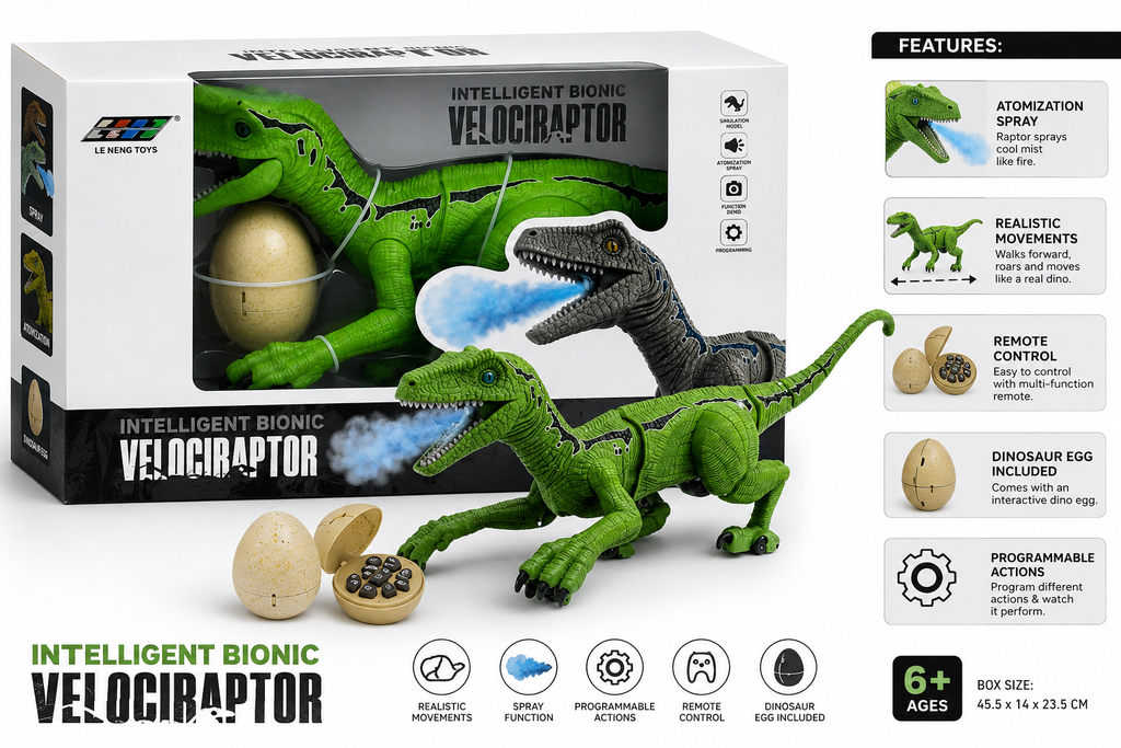 Remote Control Intelligent Bionic Velociraptor Interactive Dinosaur Toy with Spray & Programming Function