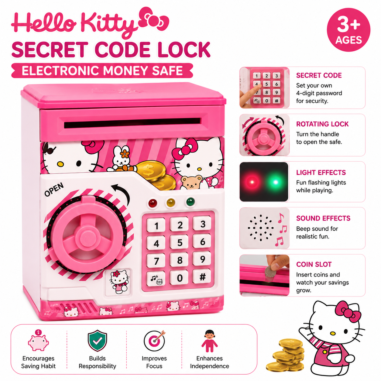 Hello Kitty Secret Code Lock Electronic Money Safe Piggy Bank for Kids