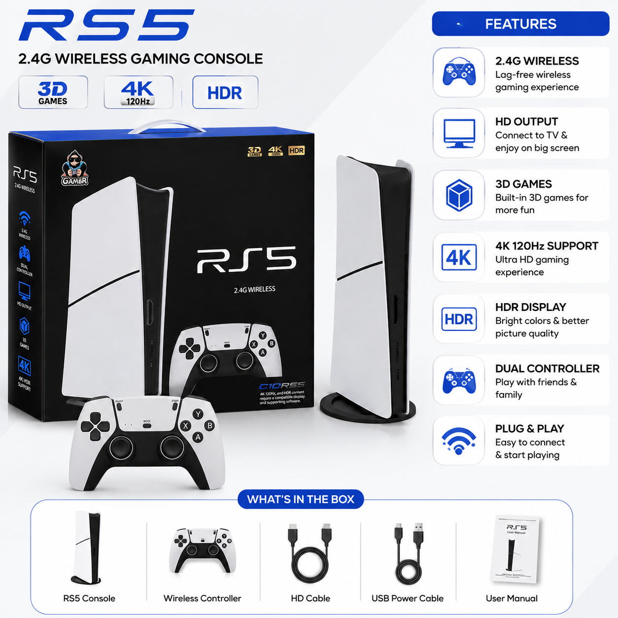GAMBR PS5 Style 2.4G Wireless TV Gaming Console with Controller