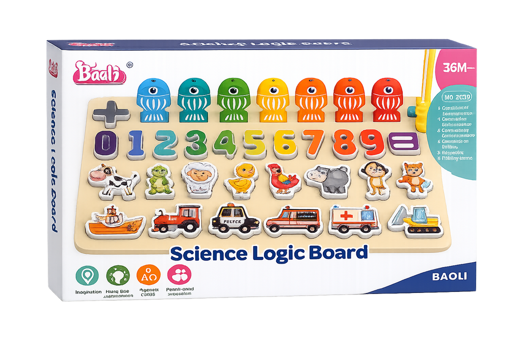 Baoli Science Logic Board Wooden Puzzle Educational Montessori Learning Board Numbers, Animals, Vehicles & Shapes
