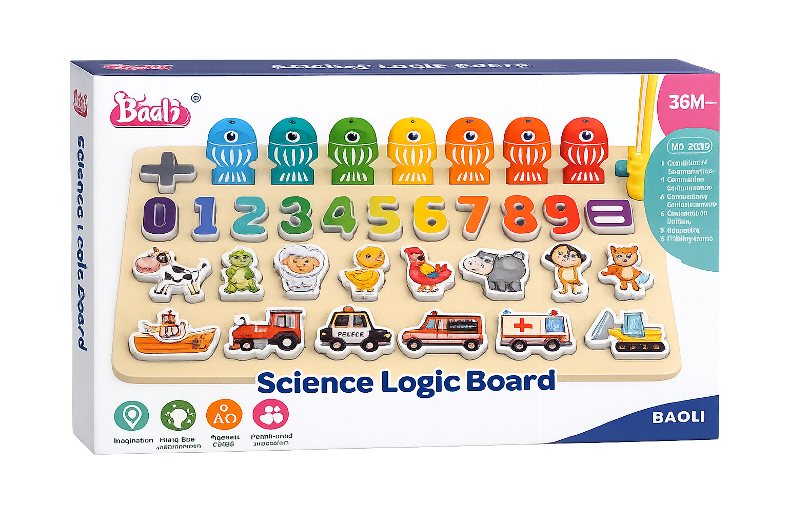 Baoli Science Logic Board Wooden Puzzle Educational Montessori Learning Board Numbers, Animals, Vehicles & Shapes