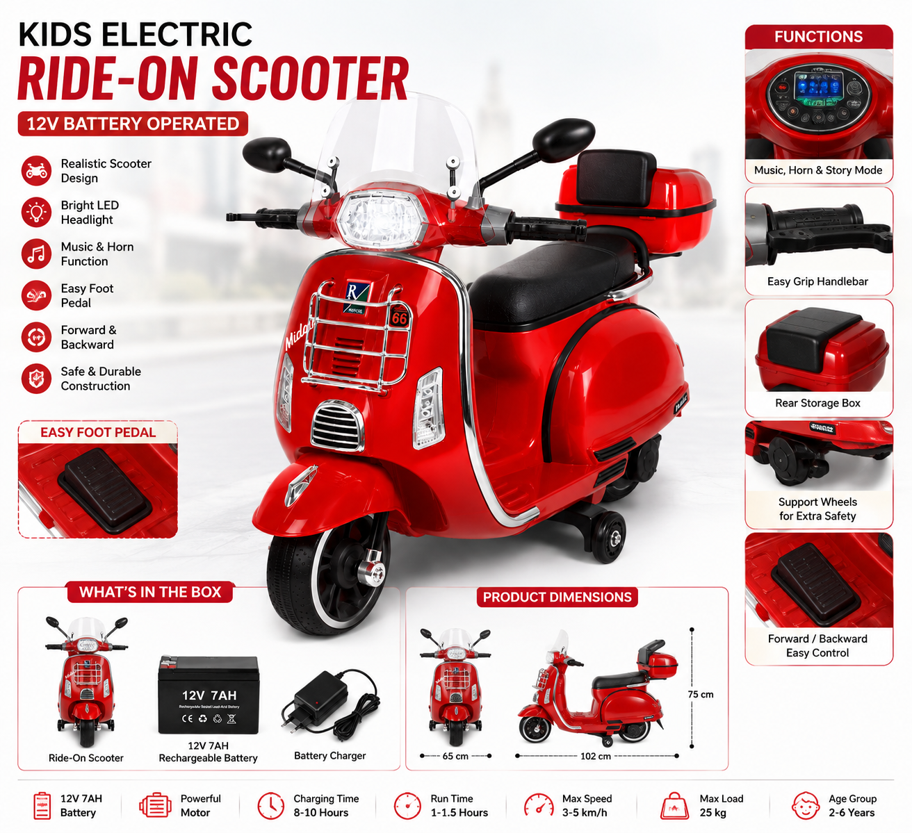 Kids Electric Ride-On Scooter for Boys & Girls – 12V Battery Operated Red Scooter