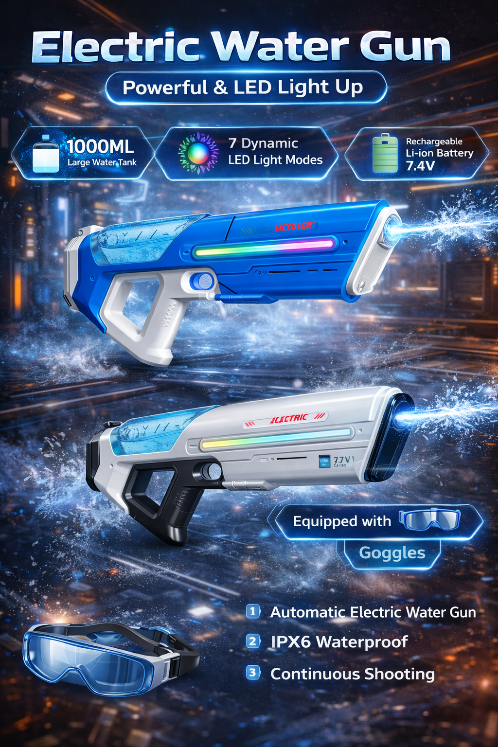 Electric LED Water Gun â€“ Automatic Summer Water Blaster with Goggles