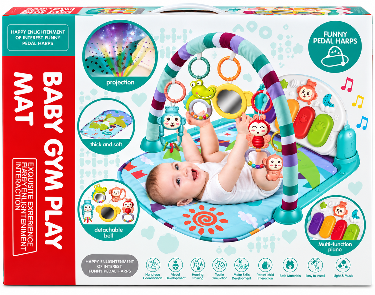 Bibiinn Baby Gym Play Mat with Multi-Function Piano, Hanging Rattles & Mirror – 0+ Months