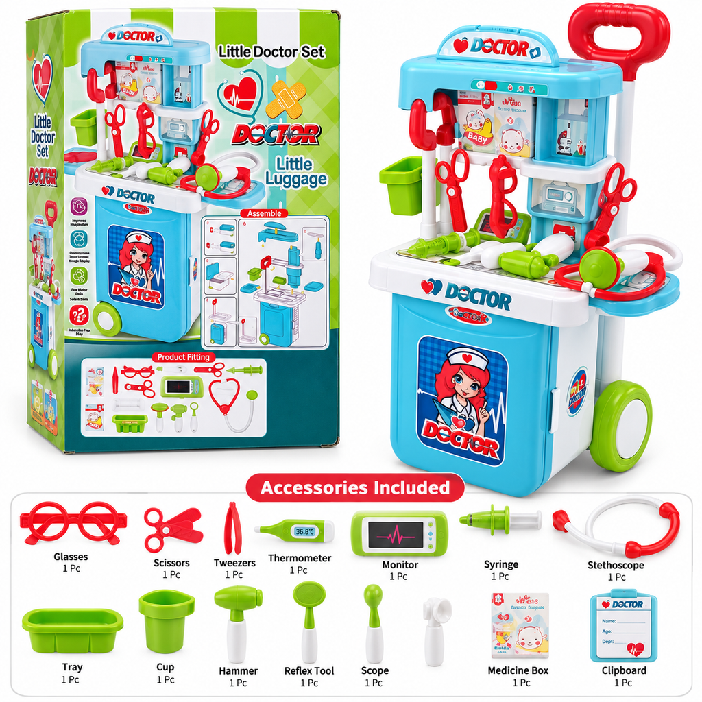 3-in-1 Kids Doctor Trolley Play Set with Medical Accessories – Pretend Play Kit | 3+ Years