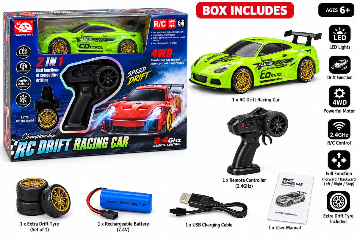 2-in-1 RC Drift Racing Car – 4WD Remote Control Sports Car for Kids – Green – 6+ Years