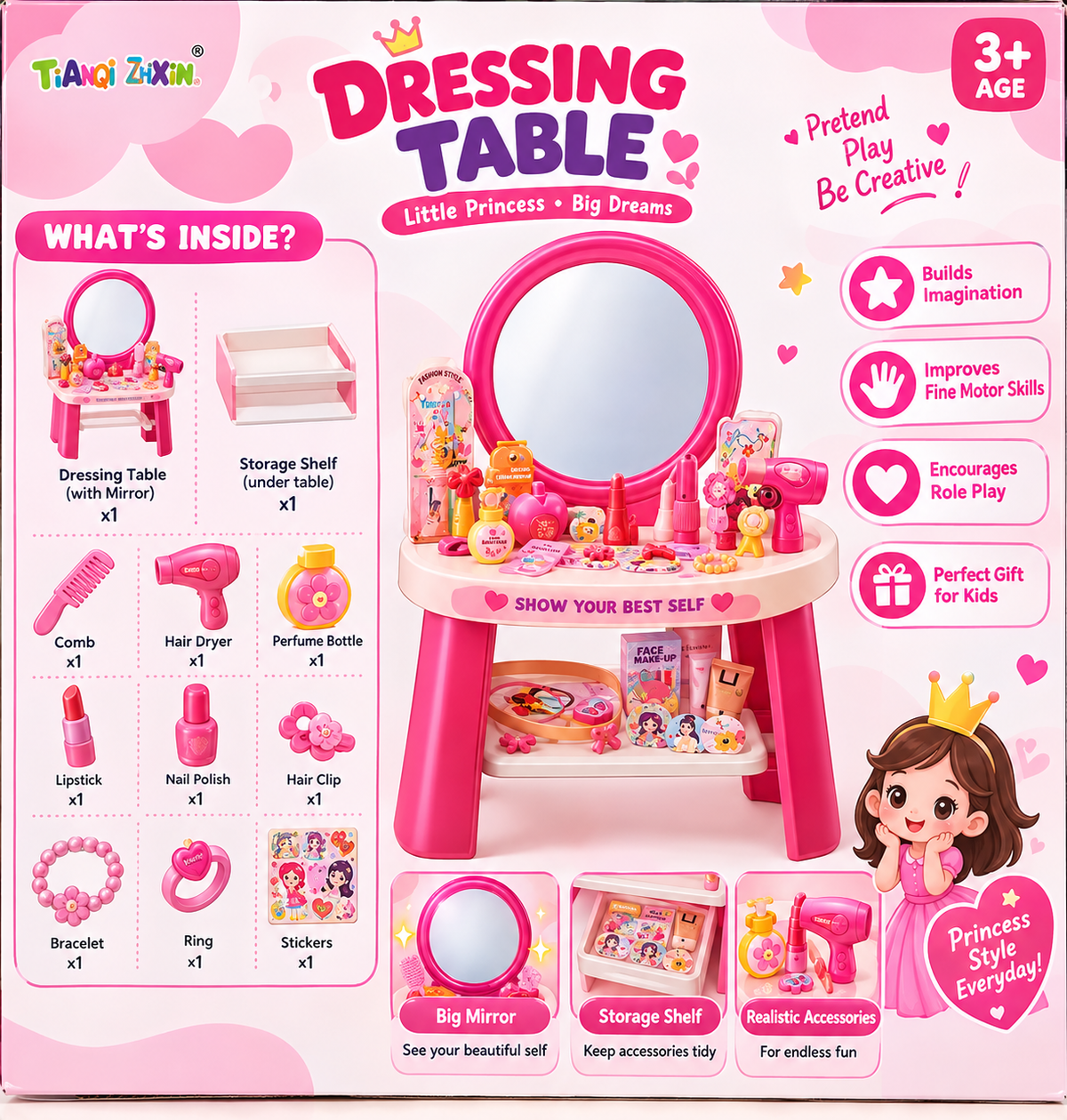 Kids Dressing Table Beauty Play Set with Mirror & Accessories – 53 Pcs Pretend Makeup Set