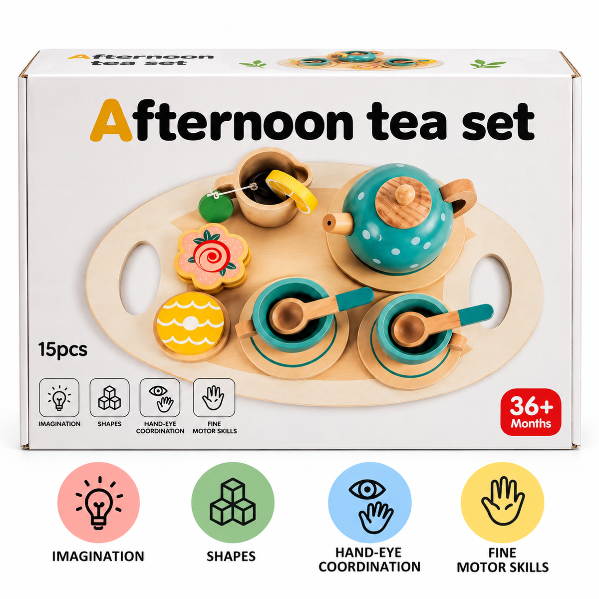 Wooden Afternoon Tea Set 15 Pcs – Pretend Play Tea Set for Kids 3+