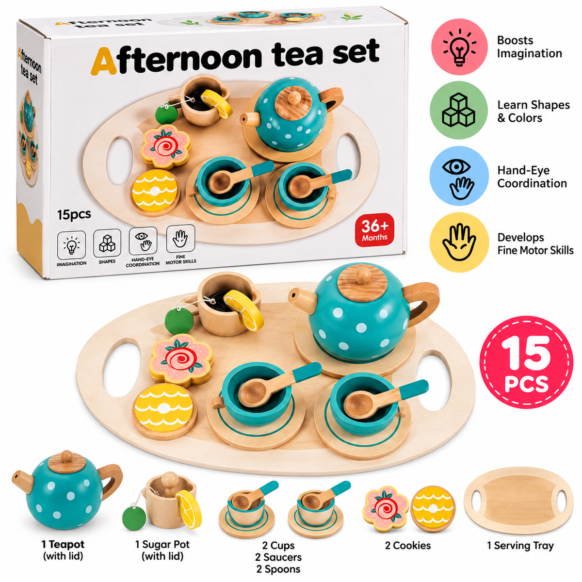 Wooden Afternoon Tea Set 15 Pcs – Pretend Play Tea Set for Kids 3+