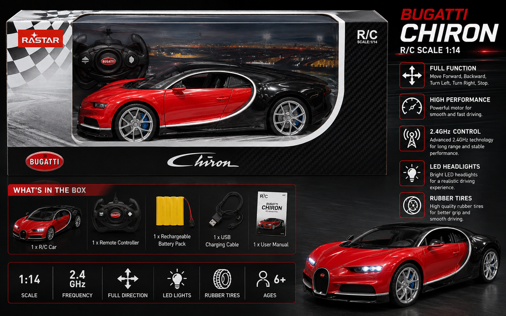RASTAR Bugatti Chiron 1:14 Scale Remote Control Car – Red & Black