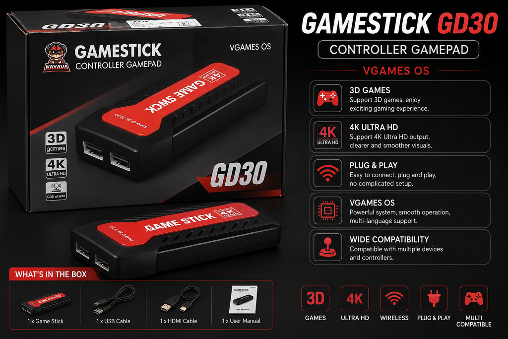 GD30 4K Ultra HD Game Stick Console with Wireless Gamepad – VGames OS