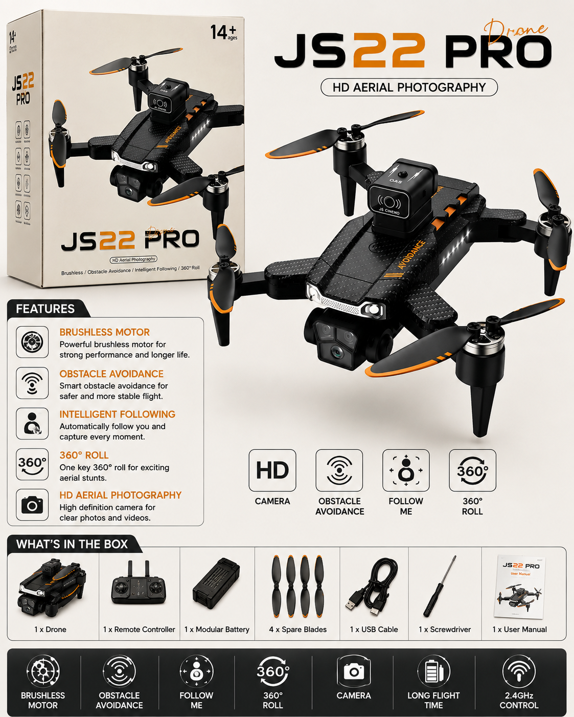 S22 Pro Foldable Camera Drone with Brushless Motor, Obstacle Avoidance & 360° Roll – 14+