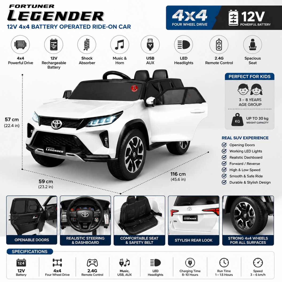 Fortuner Legender 12V 4x4 Battery Operated Ride-On Car for Kids – White
