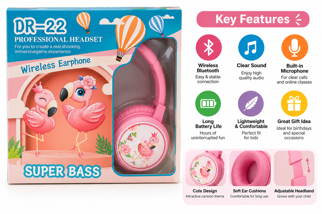 DR-22 Wireless Kids Headphones with Super Bass – Flamingo Design