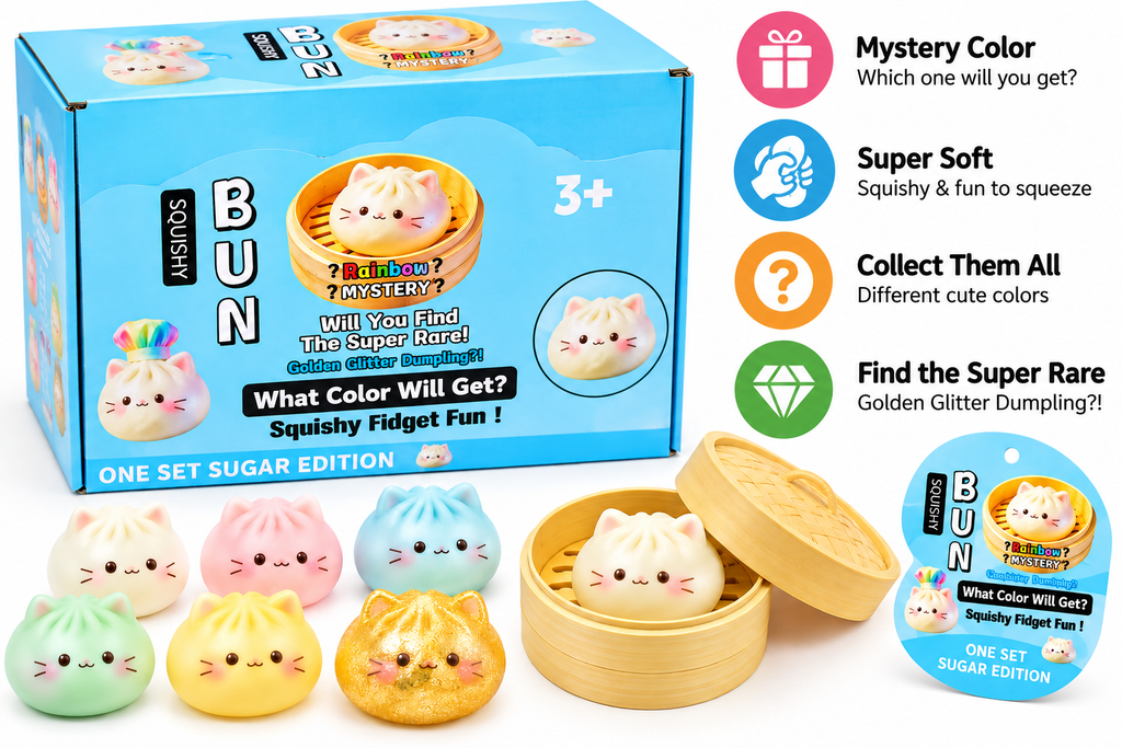 Cute Cat Bun Squishy Fidget Toy – Mystery Color, 1 Piece