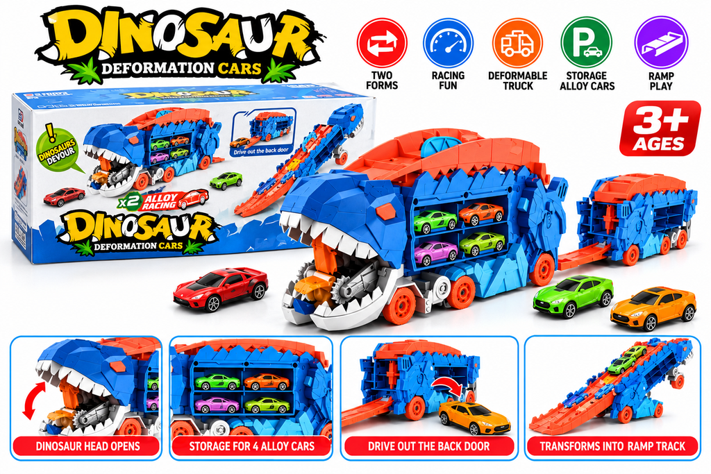 Dinosaur Deformation Car Toy with Auto Racing Track – Multicolor