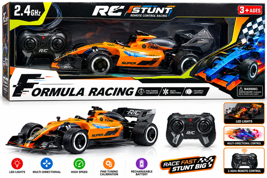 2.4GHz Remote Control Formula Racing Car Stunt Toy with Lights for Kids 3+ Years
