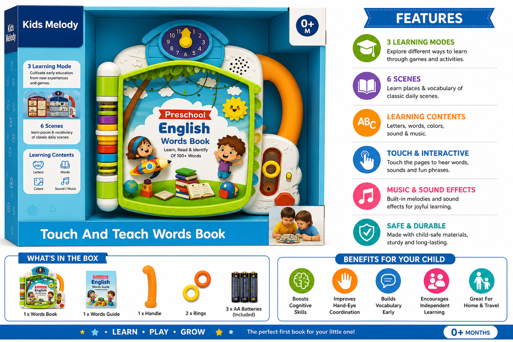 Kids Melody Touch & Teach Preschool English Words Learning Book – Interactive Educational Toy