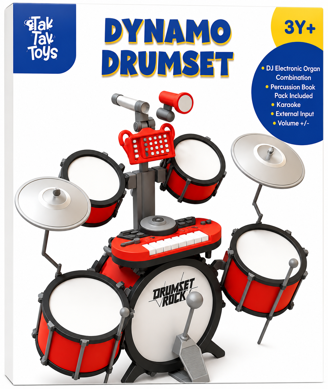 Tak Tak Toys Dynamo Electronic Drum Set with Keyboard, Microphone & Cymbals – 3Y+