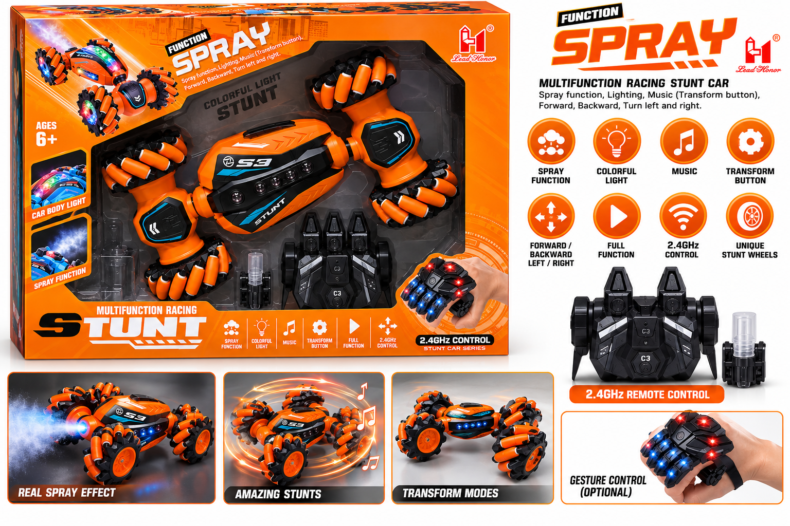 Lead Honor Multifunction Racing Stunt Remote Control Car with Spray, Lights & Music – 2.4GHz | 6Y+