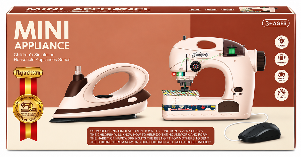 Mini Appliance Kids Sewing Machine & Electric Iron Pretend Play Set with Light – 3+ Years
