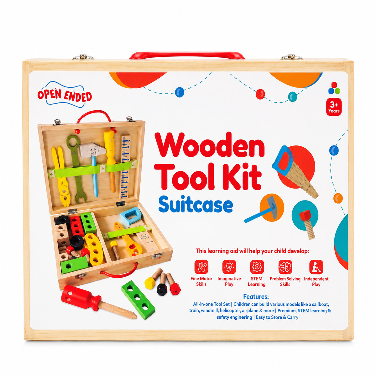 Open Ended Wooden Tool Kit Suitcase for Kids – Pretend Play Construction & Learning Set | 3+ Years