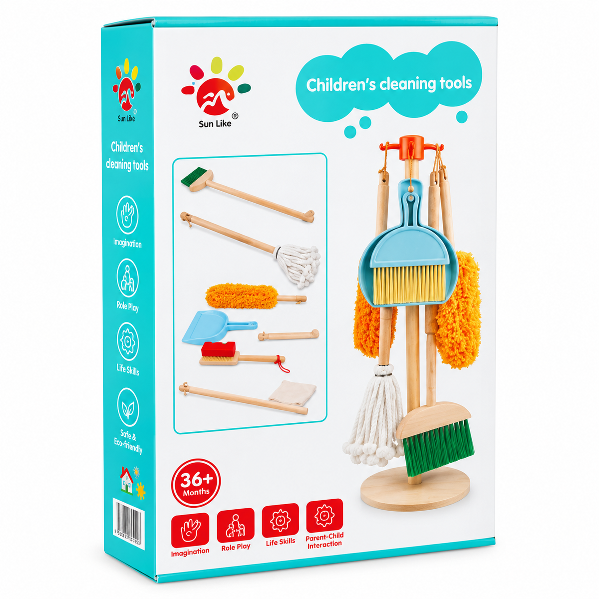 Kids Wooden Cleaning Tools Pretend Play Set with Stand – 36+ Months