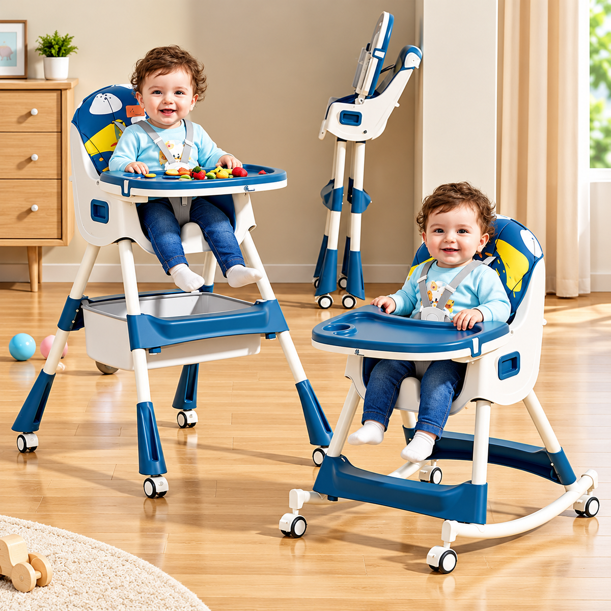 R for Rabbit Sugar Doodle Plus 3-in-1 Convertible Baby High Chair with 5-Point Harness, Dual Tray & Removable Wheels – 6 Months to 5 Years, Indigo Dye
