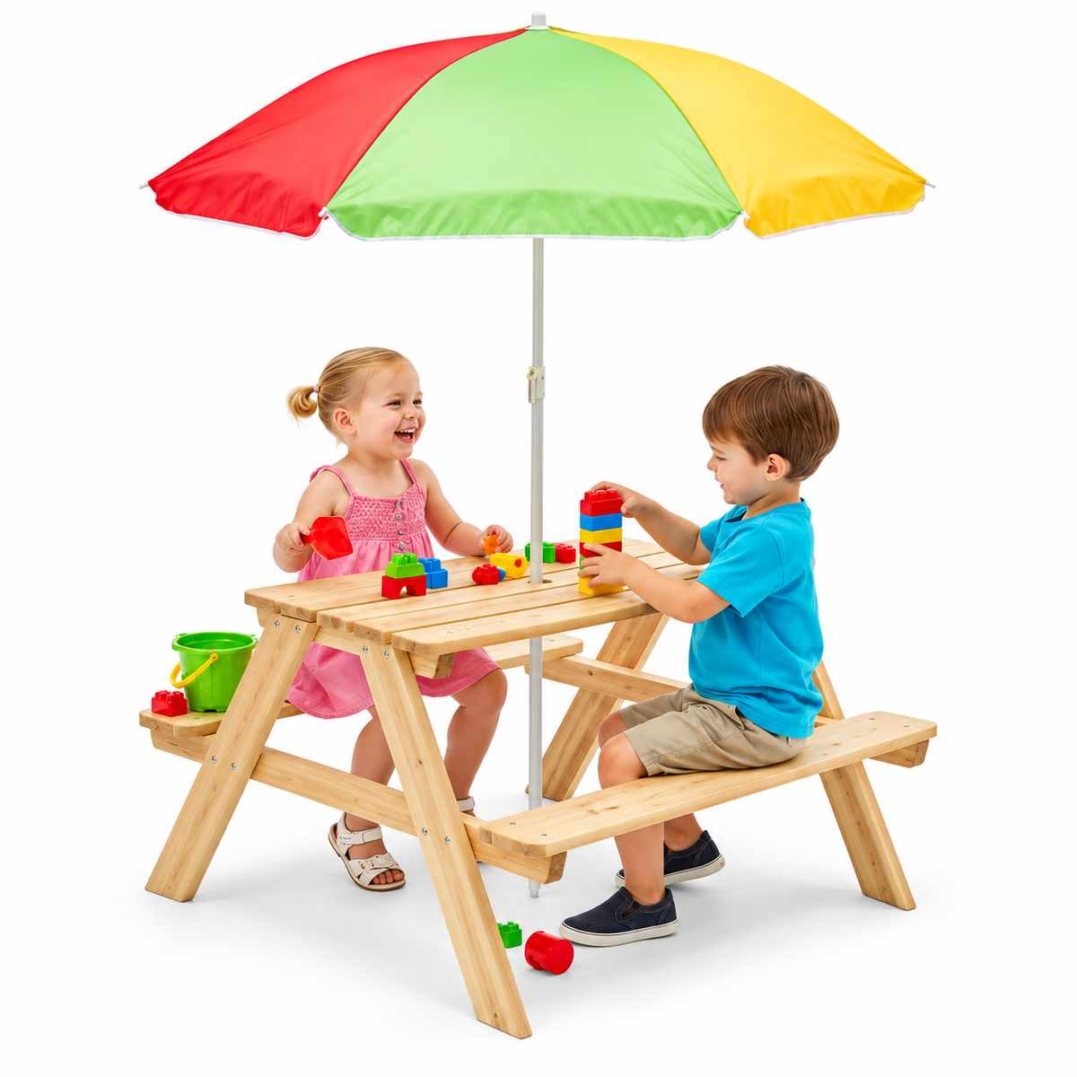Plum Rectangular Wooden Kids Picnic Table with Adjustable Parasol | Outdoor Activity Table with Benches | Natural Wood