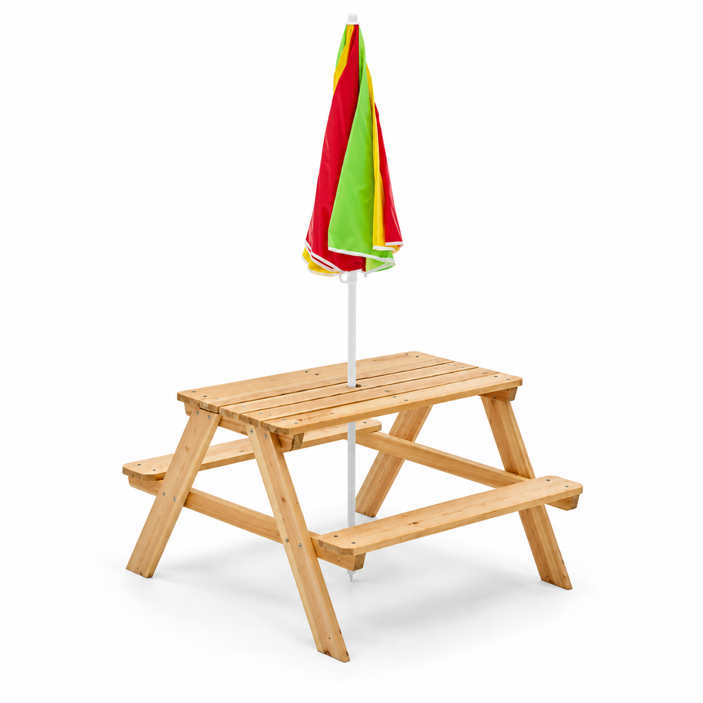 Plum Rectangular Wooden Kids Picnic Table with Adjustable Parasol | Outdoor Activity Table with Benches | Natural Wood