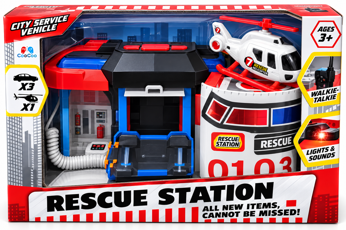 Product Title City Service Rescue Station Playset with Walkie-Talkie, Helicopter & 3 Cars | Lights & Sounds | 3+ Years