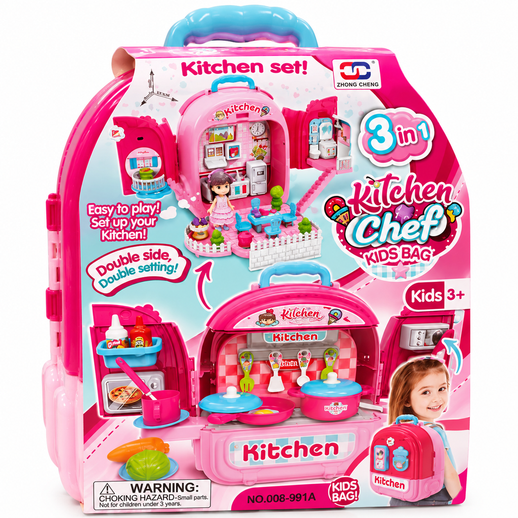 Xiong Cheng 3 in 1 Kitchen Chef Backpack Playset | Portable Pretend Cooking Toy | Ages 3+
