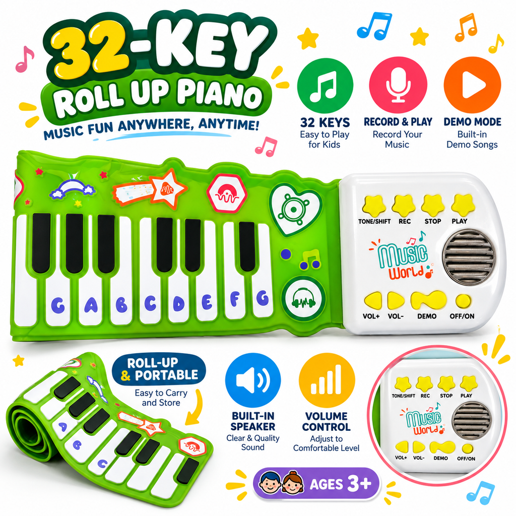 32-Key Roll-Up Piano for Kids | Portable Flexible Electronic Keyboard with Recording, Demo Songs & Music Functions