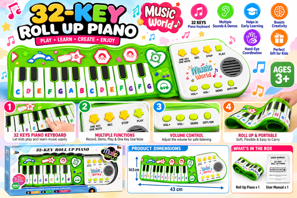 32-Key Roll-Up Piano Keyboard for Kids | Portable Musical Piano with Record, Play & Demo Functions | 3+ Years