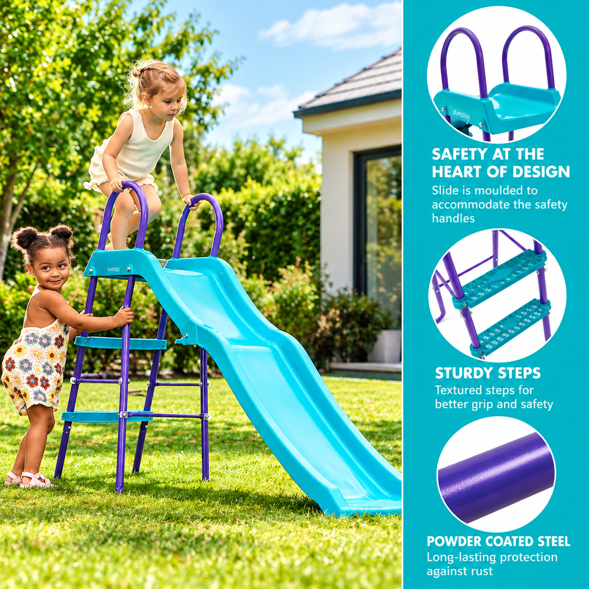 Plum Haumea 6ft Kids Slide with Wavy Design, Powder-Coated Steel Frame & 3-Rung Ladder – Teal/Purple, 3+ Years