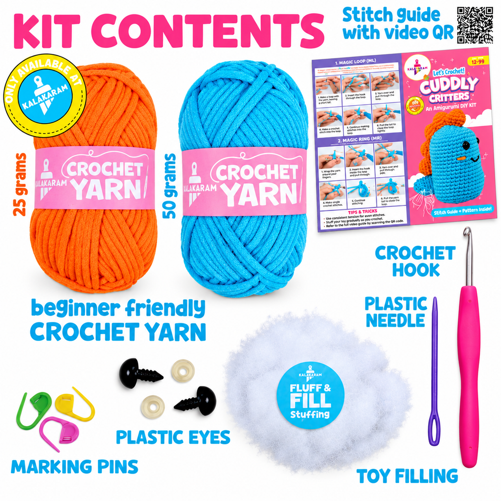 Kalakaram Cuddly Critters Crochet Kit – Dusty the Dino, 12+ Years