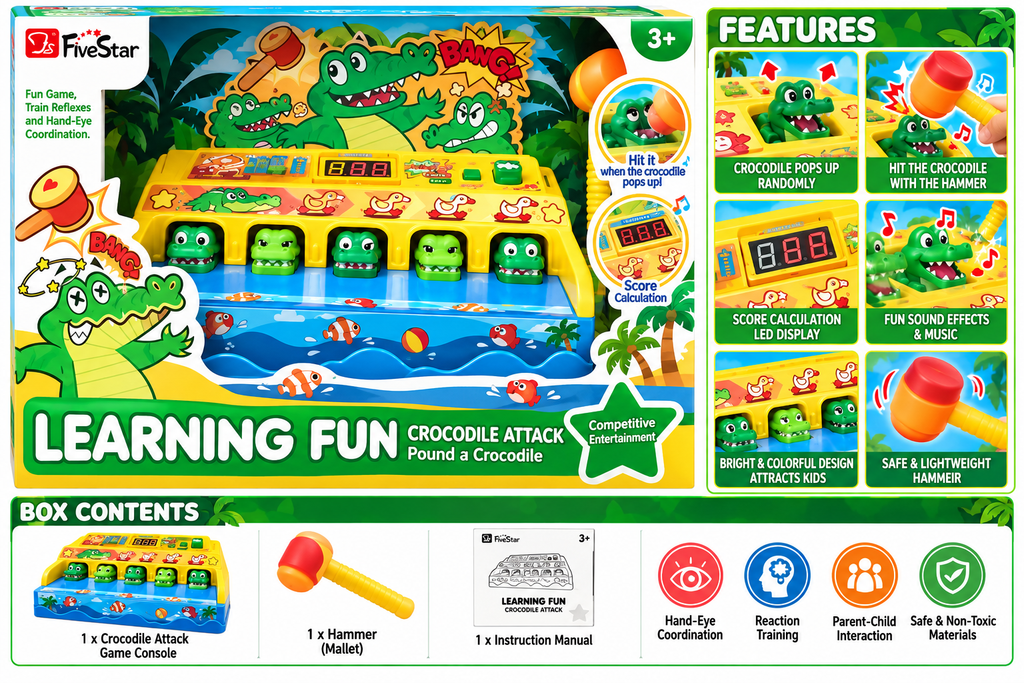FiveStar Learning Fun Crocodile Attack Pound-a-Crocodile Hammer Game for Kids – Lights, Music & Score | 3+ Years