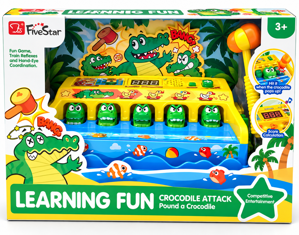 FiveStar Learning Fun Crocodile Attack Pound-a-Crocodile Hammer Game for Kids – Lights, Music & Score | 3+ Years