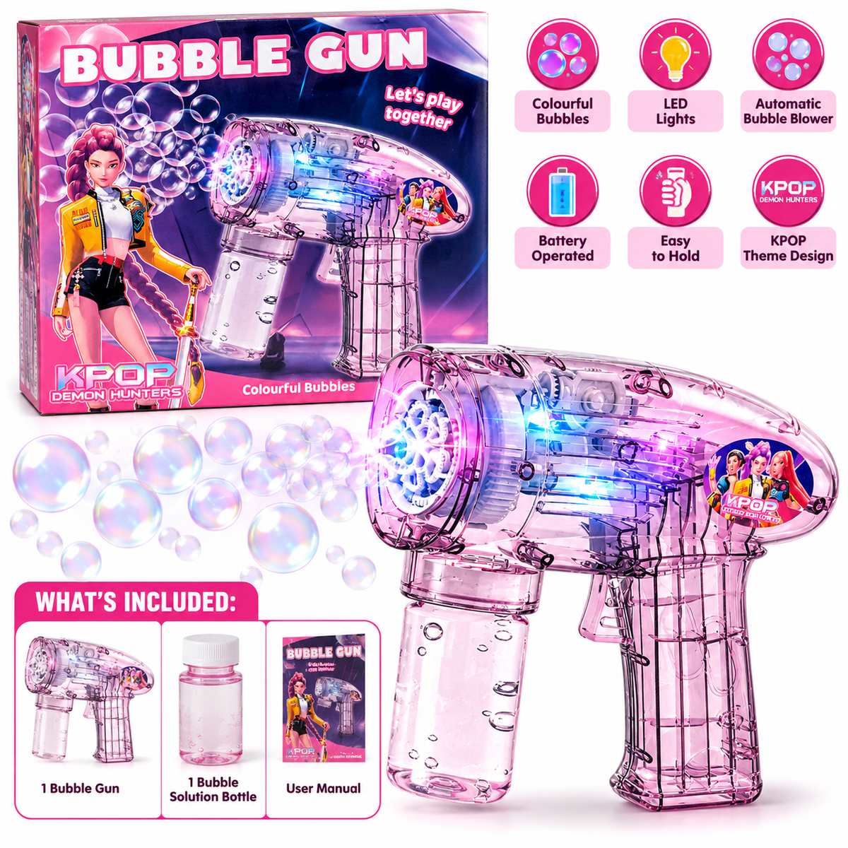 K-Pop Demon Hunters Bubble Gun Toy | Transparent Automatic Bubble Blower for Kids
