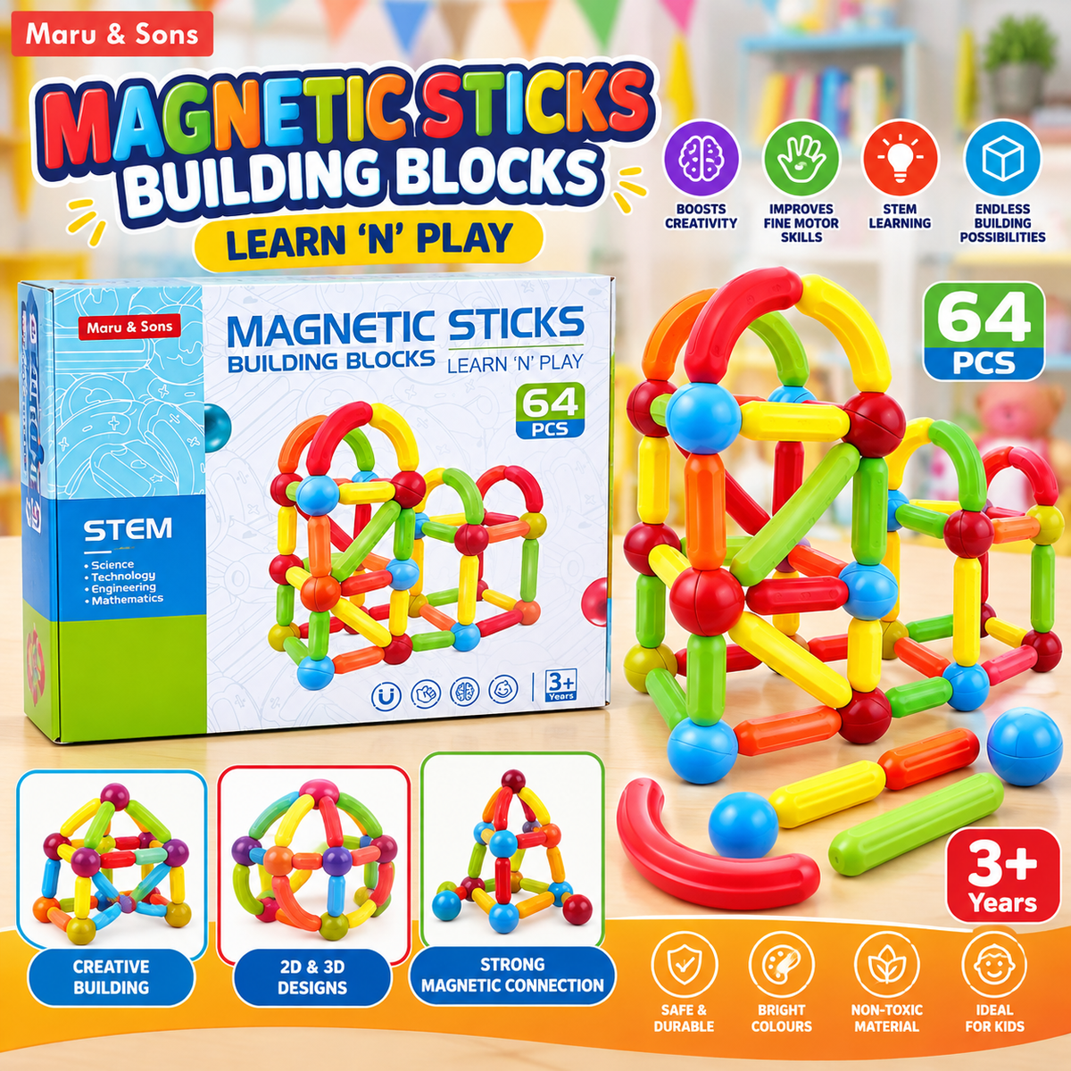 Maru & Sons Magnetic Sticks Building Blocks 64 Pcs for Kids 3+ Years