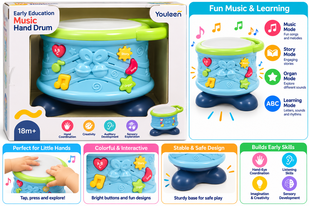Youleen Early Education Music Hand Drum | Interactive Musical Learning Toy with Songs, Stories & Organ Sounds | 18M+