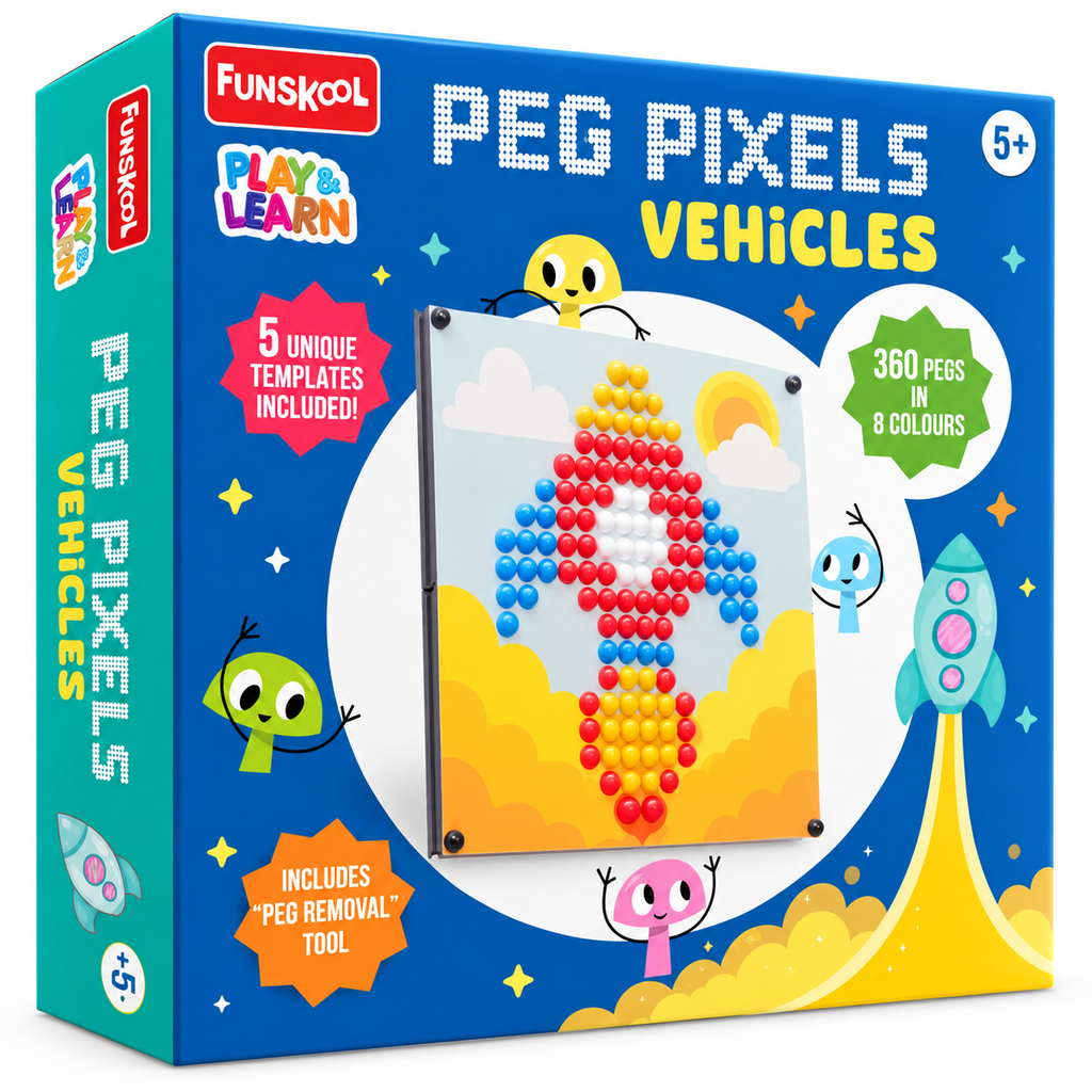 Funskool Play & Learn Peg Pixels Vehicles | Creative Mosaic Art Kit with 360 Pegs & 5 Templates | Ages 5+