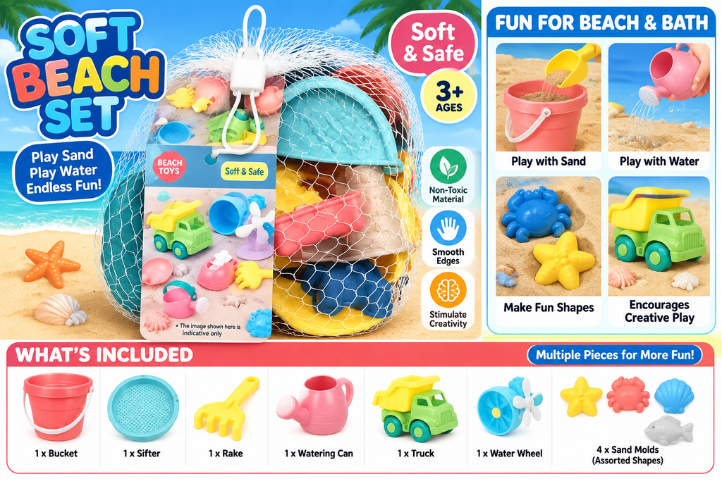 Soft Beach Sand Play Set for Kids – Bucket, Shovel, Rake & Sand Mould Toys