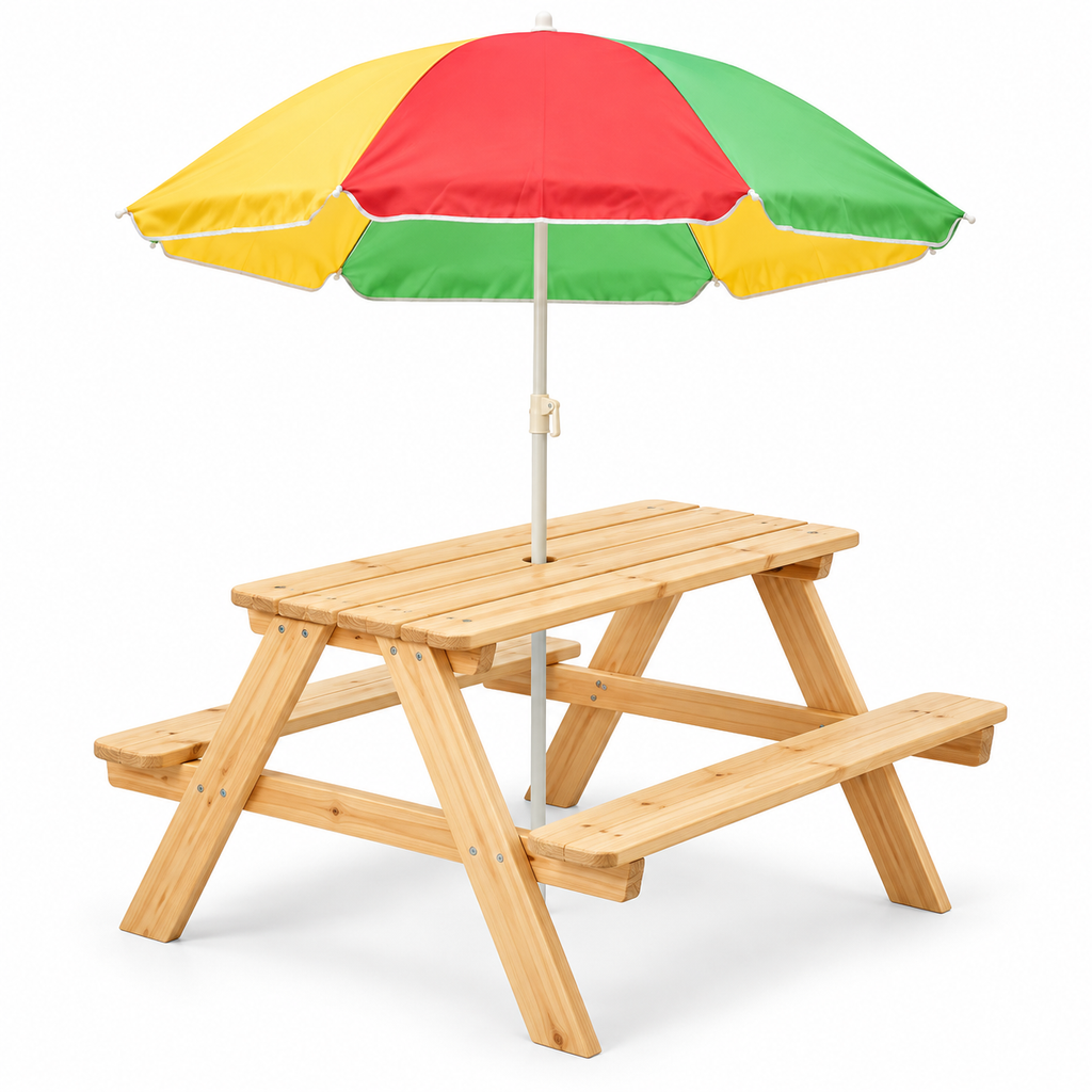Plum Rectangular Wooden Kids Picnic Table with Adjustable Parasol | Outdoor Activity Table with Benches | Natural Wood