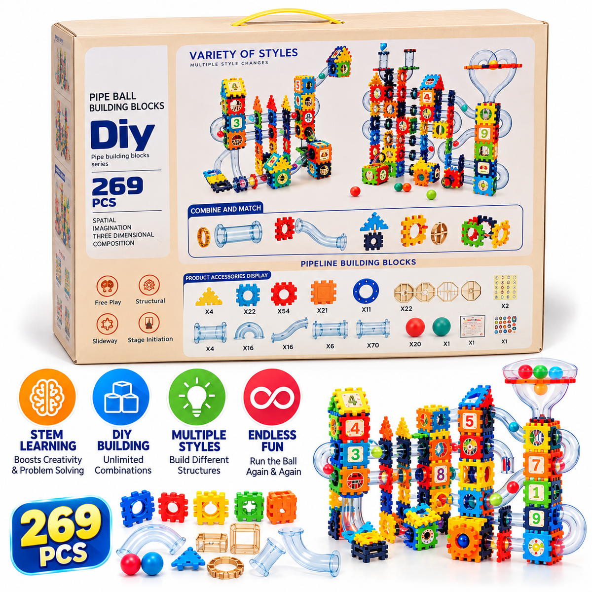 DIY 3D Pipeline Building Blocks Set – 269 PCS | STEM Construction & Ball Track Building Toy for Kids 3+