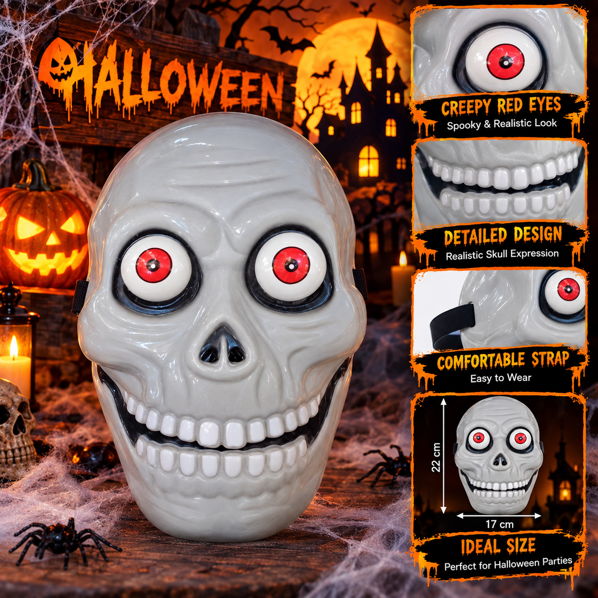 Scary Skull Face Mask | Grey Horror Skeleton Mask with Red Eyes & Creepy Smile | Halloween Party & Costume Accessory