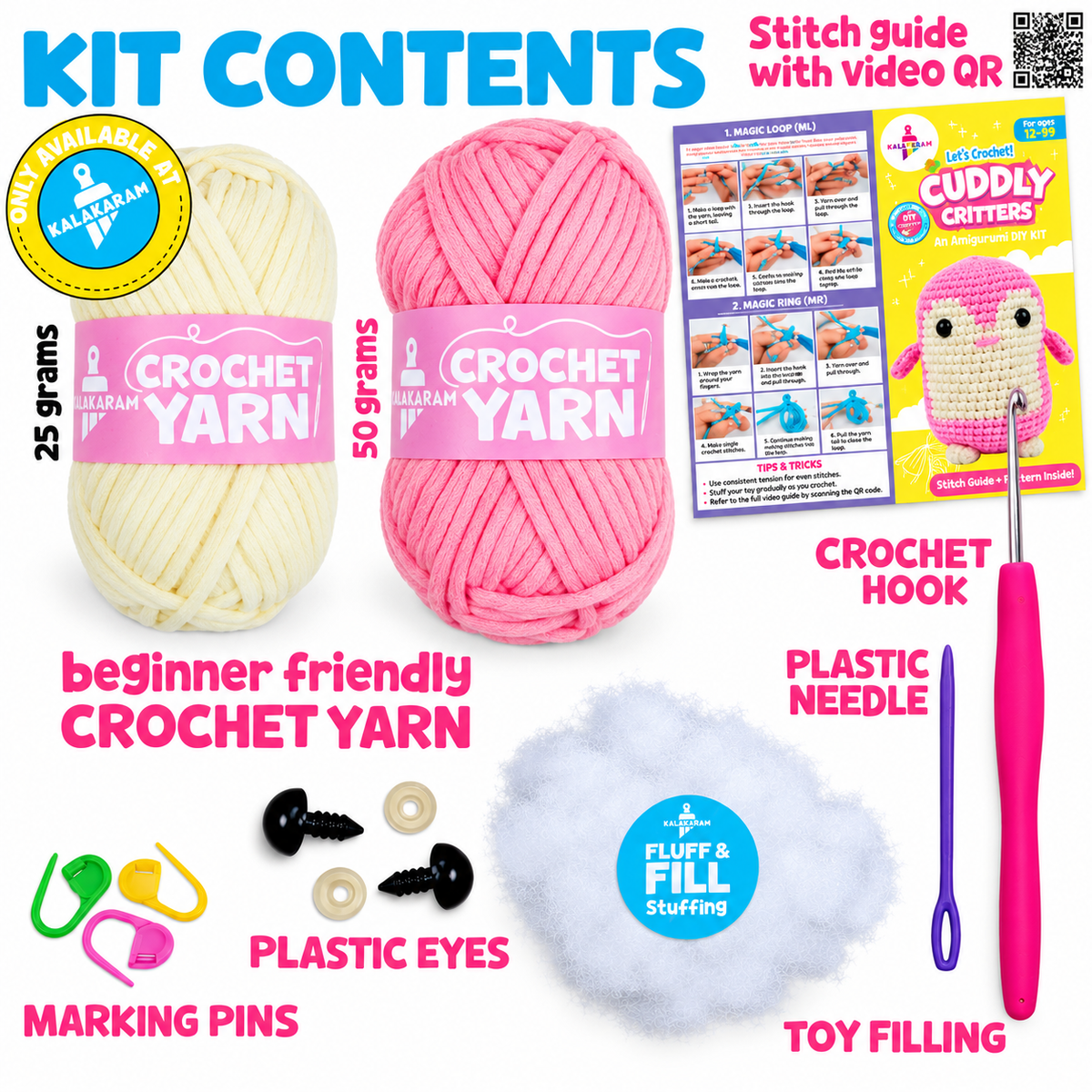 Kalakaram Cuddly Critters Crochet Kit – Puddles the Penguin, 12+ Years