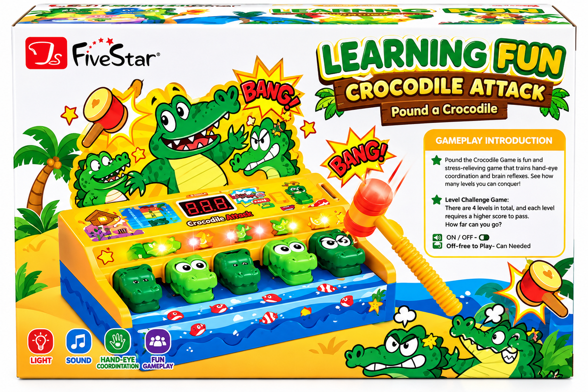 FiveStar Learning Fun Crocodile Attack Pound-a-Crocodile Hammer Game for Kids – Lights, Music & Score | 3+ Years