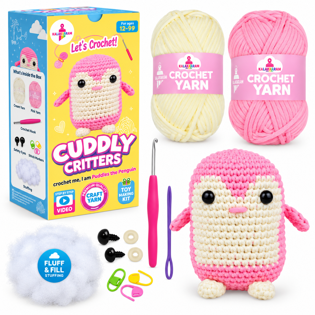 Kalakaram Cuddly Critters Crochet Kit – Puddles the Penguin, 12+ Years